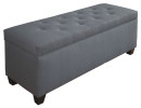 blue button tufted shoe bench