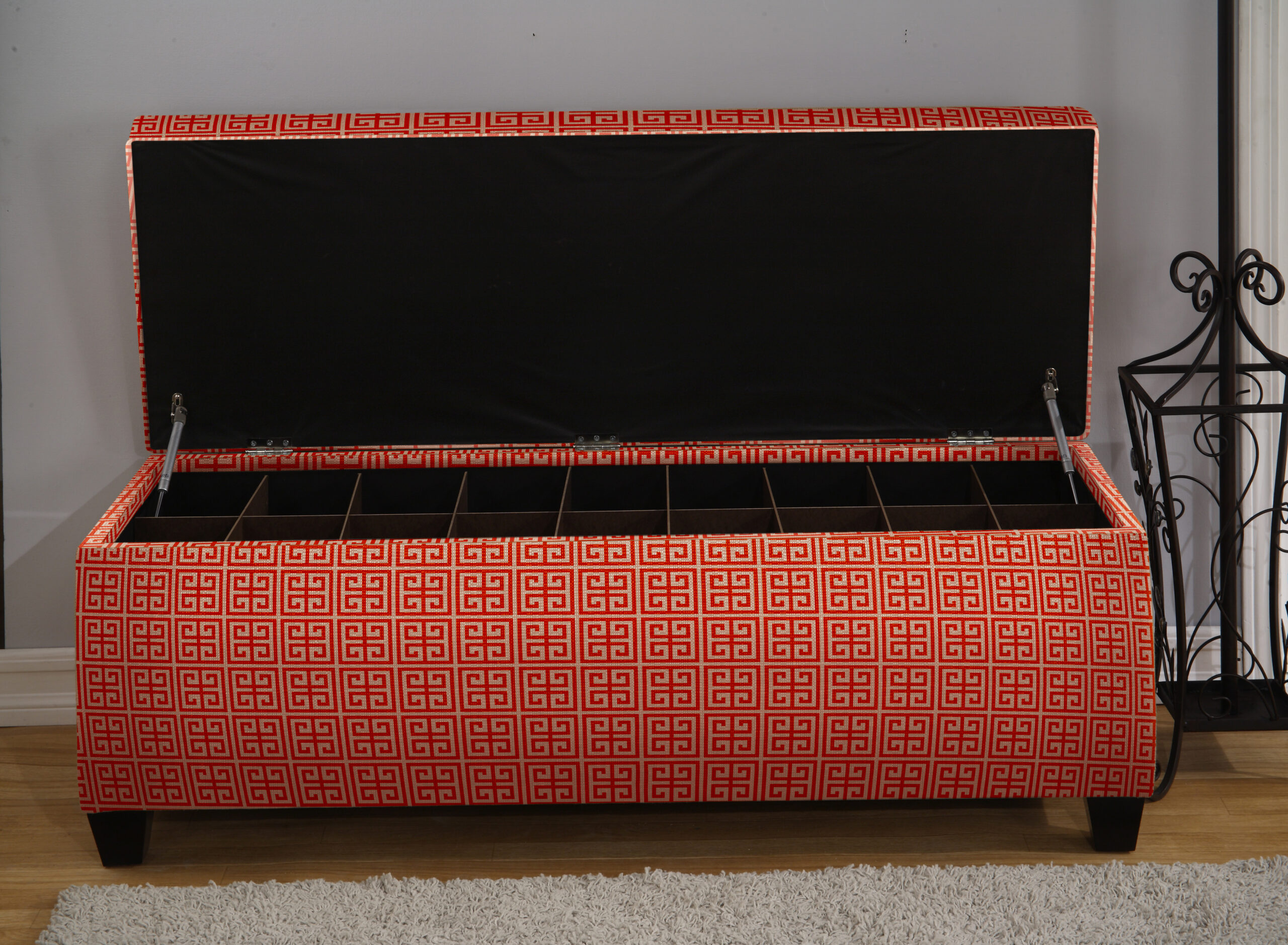 orange open shoe storage bench